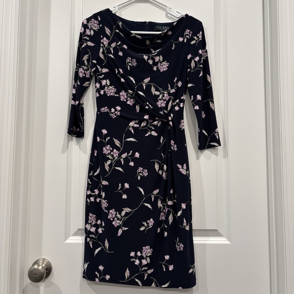 Lauren Ralph‎ Lauren Cowl Neck Dress Women's Petite 2 2P Floral Print Navy Blue